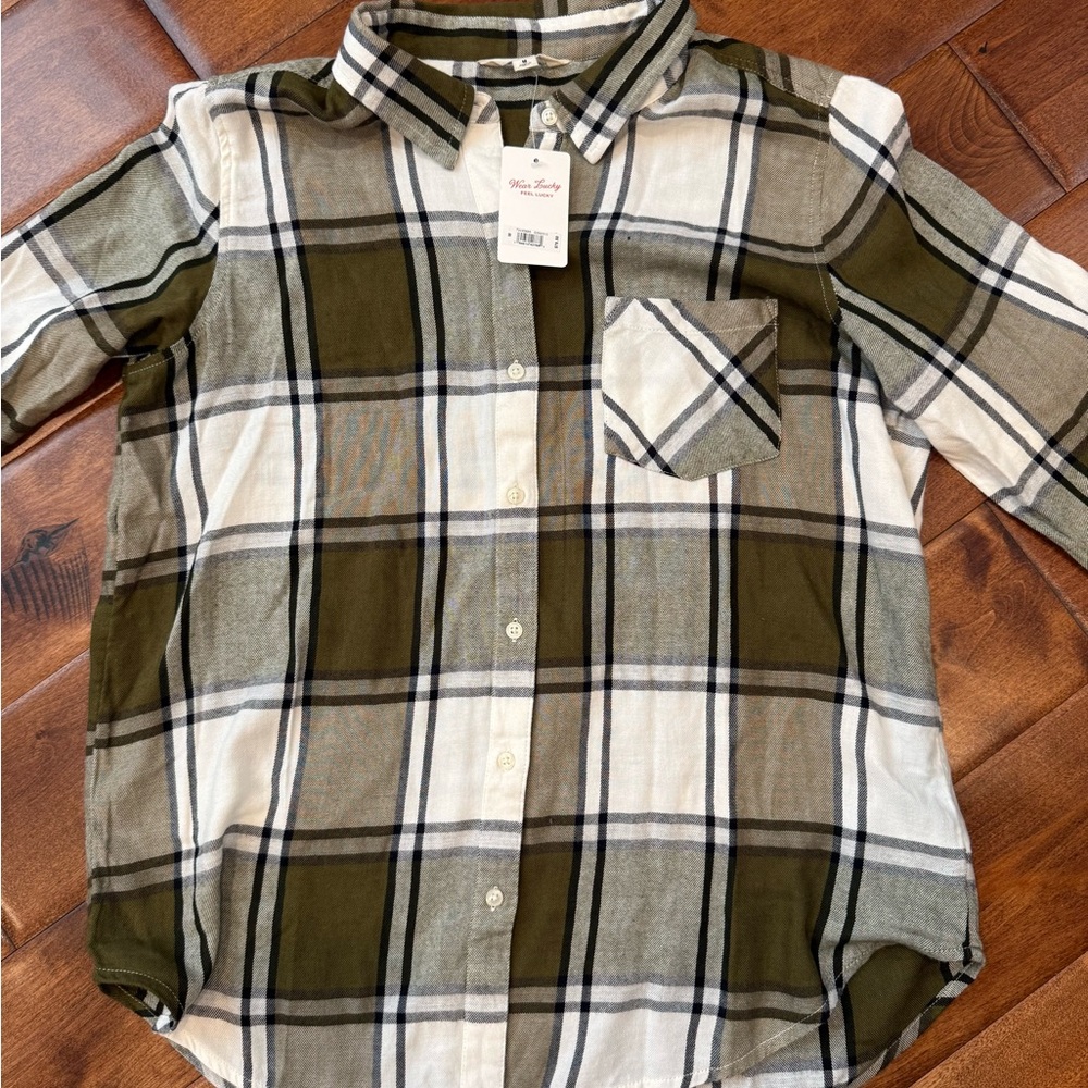 Lucky Brand Women’s Plaid Button Down Shirt - Olive and Cream